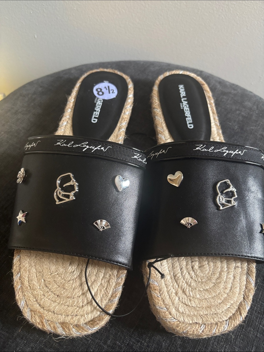 Karl Lagerfeld Black Espadrille Slide Sandals with Silver Charms
